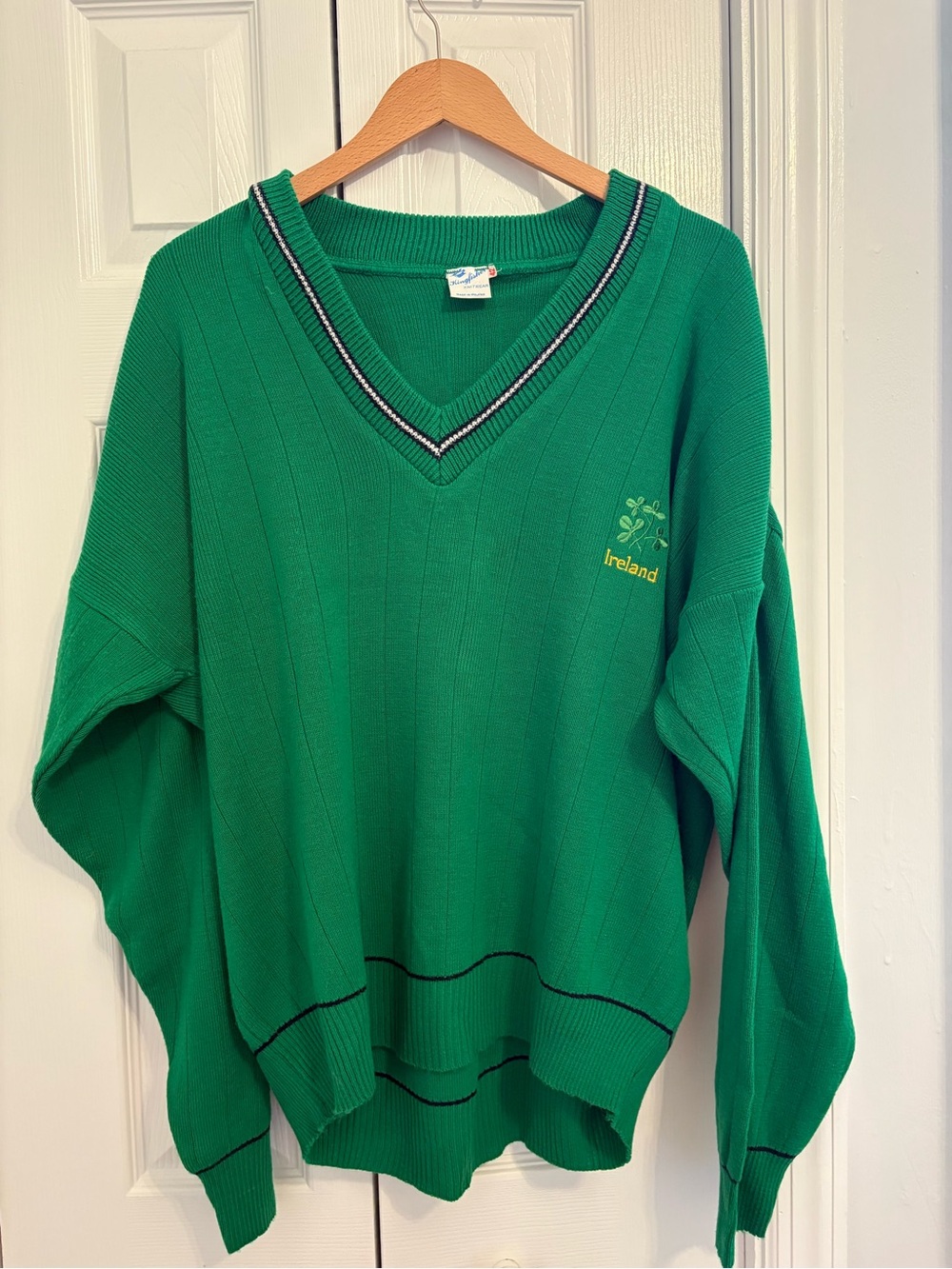 Green V-neck Ireland Sweater with Embroidered Shamrocks